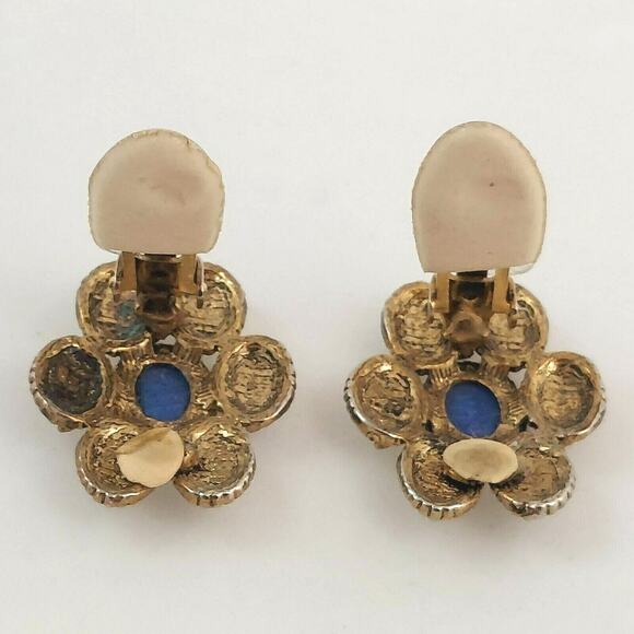 Vintage Blue Sodalite Flower Earrings Aurora Borealis Rhinestone Clip Estate DM - Picture 7 of 10